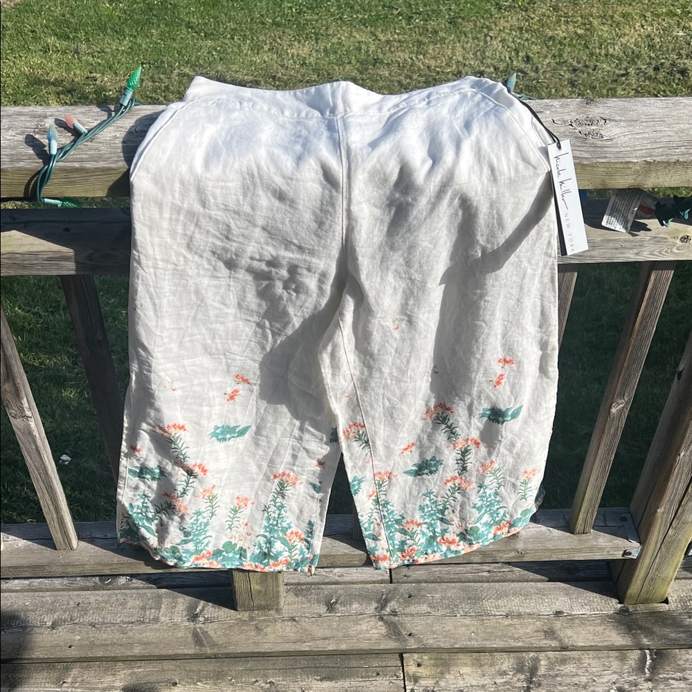 100% Linen Floral Print White Linen Pants